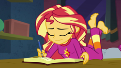 Size: 1920x1080 | Tagged: safe, screencap, sunset shimmer, better together, equestria girls, forgotten friendship, ass, barefoot, bed, book, bunset shimmer, clothes, eyes closed, feet, female, journal, pajamas, prone, solo, sunset's apartment, writing