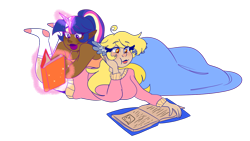 Size: 1280x721 | Tagged: safe, artist:cubbybatdoodles, derpy hooves, ditzy doo, twilight sparkle, human, blanket, book, clothes, dark skin, elf ears, female, horned humanization, humanized, lesbian, magic, rainbow ponies, rainbow power, reading, shipping, simple background, socks, sweater, transparent background, twerpy, wing ears, woman