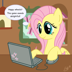 Size: 1024x1024 | Tagged: safe, artist:oemilythepenguino, edit, fluttershy, pegasus, pony, computer, fs doesn't know what she's getting into, happy wheels, solo, this will end in tears