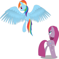 Size: 4355x4297 | Tagged: safe, artist:zacatron94, derpibooru import, pinkie pie, rainbow dash, earth pony, pegasus, pony, absurd resolution, flying, large wings, lineless, pinkamena diane pie, sad