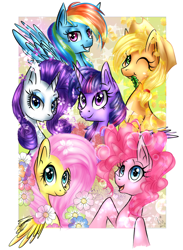 Size: 880x1200 | Tagged: safe, artist:karmamoonshadow, derpibooru import, applejack, fluttershy, pinkie pie, rainbow dash, rarity, twilight sparkle, twilight sparkle (alicorn), alicorn, earth pony, pegasus, pony, unicorn, female, mane six, mare, wink