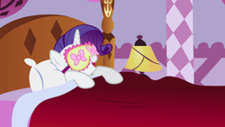 Size: 1366x768 | Tagged: safe, screencap, rarity, pony, unicorn, sisterhooves social, bed, bedroom, sleep talking, smiling, solo