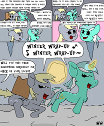 Size: 1000x1200 | Tagged: safe, artist:bjdazzle, derpy hooves, lyra heartstrings, pegasus, pony, unicorn, comic:accidental transit guardians, winter wrap up, atg 2018, bouncing, box, celebration, chibi, cold, comic, excited, female, happy, icicle, levitation, magic, mare, newbie artist training grounds, offscreen character, package, pronking, shivering, singing, snow, squint, telekinesis, visible breath