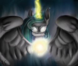 Size: 1295x1104 | Tagged: safe, artist:asiul-shira, princess celestia, alicorn, pony, glowing eyes, glowing horn, solo, spread wings, sun, tangible heavenly object