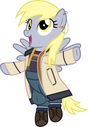 Size: 1032x1500 | Tagged: safe, artist:cloudyglow, derpy hooves, adorkable, archer, boots, clothes, clubfighter, compassion, cosplay, costume, courage, culottes, cute, dancer, derpabetes, derpysass, doctor who, dork, female, freedom fighter, historian, honour, hope, integrity, jodie whittaker, kindness, knife-fighter, linguist, loyalty, marksman, martial artist, open coat, optimism, rebel, simple background, spearfighter, suspenders, swordfighter, t-shirt, thirteenth doctor, transparent background, trenchcoat