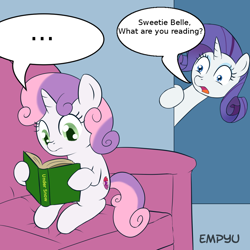 Size: 1000x1000 | Tagged: safe, artist:empyu, edit, rarity, sweetie belle, pony, unicorn, ..., book, cutie mark, dialogue, exploitable meme, female, filly, mare, meme, reading, speech bubble, sweetie belle's book, the cmc's cutie marks, under snow, wide eyes