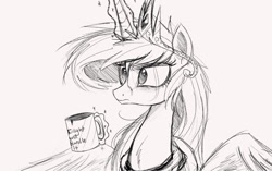 Size: 2000x1253 | Tagged: safe, artist:ncmares, princess celestia, alicorn, pony, ask majesty incarnate, coffee, coffee mug, food, levitation, lineart, magic, monochrome, mug, sketch, solo, telekinesis