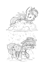 Size: 462x650 | Tagged: safe, artist:nobody, derpibooru import, applejack, rainbow dash, earth pony, pegasus, pony, angry, applejack is not amused, cloud, monochrome, rain, rainbow douche, sketch, smiling, wet