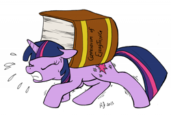 Size: 1280x861 | Tagged: safe, artist:arrjaysketch, derpibooru import, edit, twilight sparkle, unicorn twilight, pony, unicorn, book, colored, eyes closed, solo, straining, struggling, sweat