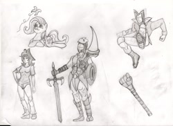 Size: 2337x1699 | Tagged: safe, artist:alexandryuz, fluttershy, oc, oc:alicia walker, oc:coliseo rossi, pegasus, pony, armor, sketch, sword