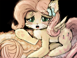 Size: 960x720 | Tagged: safe, artist:lumineko, fluttershy, cat, hybrid, 30 minute art challenge, cute, fluttercat, shyabetes, solo, species swap, yarn