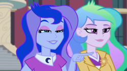 Size: 1366x764 | Tagged: safe, screencap, princess celestia, princess luna, principal celestia, vice principal luna, equestria girls, friendship games, pointing, smiling