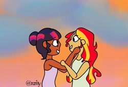 Size: 613x420 | Tagged: safe, artist:rcrity, sci-twi, sunset shimmer, twilight sparkle, equestria girls, female, human coloration, lesbian, looking at each other, scitwishimmer, shipping, sunset, sunsetsparkle