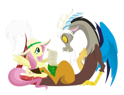 Size: 1280x989 | Tagged: safe, artist:hexfloog, discord, fluttershy, draconequus, pegasus, pony, female, male, mare, yellow coat