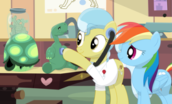 Size: 1145x698 | Tagged: safe, artist:porygon2z, derpibooru import, doctor fauna, rainbow dash, tank, earth pony, pegasus, pony, tortoise, check-up, examining table, female, listening, mare, no shell, shell, show accurate, stethoscope, vet
