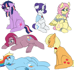 Size: 4150x3895 | Tagged: safe, artist:jolliapplegirl, derpibooru import, edit, applejack, fluttershy, pinkie pie, rainbow dash, rarity, twilight sparkle, unicorn twilight, earth pony, pegasus, pony, unicorn, alternate hairstyle, bandage, crying, eyes closed, floppy ears, glasses, hair bun, hair over one eye, mane six, pinkamena diane pie, ponytail, pregnant, shawl, short hair, simple background, white background, wingless, wingless edit