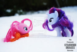 Size: 1024x683 | Tagged: safe, artist:nickstarwind89, pinkie pie, rarity, clothes, irl, photo, scarf, snow, toy, watermark