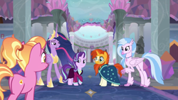 Size: 1920x1080 | Tagged: safe, screencap, luster dawn, silverstream, starlight glimmer, sunburst, twilight sparkle, twilight sparkle (alicorn), alicorn, pony, the last problem, beard, facial hair, headmare starlight, older silverstream, school of friendship, sunburst the bearded