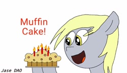 Size: 1024x594 | Tagged: safe, artist:dao, derpy hooves, pegasus, pony, bust, female, food, happy, hoof hold, looking at something, mare, muffin, open mouth, simple background, solo, white background