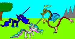 Size: 2416x1276 | Tagged: safe, artist:killerbug2357, discord, princess celestia, princess luna, alicorn, pony, 1000 hours in ms paint, long horn, ms paint