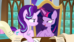 Size: 1920x1080 | Tagged: safe, screencap, starlight glimmer, twilight sparkle, twilight sparkle (alicorn), alicorn, pony, the beginning of the end, duo, duo female, female, lidded eyes, magic, out of context, scroll