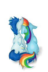 Size: 500x750 | Tagged: safe, artist:seeyoumonday, derpibooru import, rainbow dash, soarin', pegasus, pony, back, female, floppy ears, male, shipping, simple background, sitting, soarindash, straight, transparent background