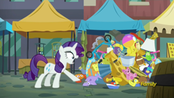 Size: 1334x750 | Tagged: safe, screencap, rarity, bird, caterpillar, crab, penguin, pony, shark, squid, unicorn, the gift of the maud pie, ball, basketball, beach ball, bucket, cheese wheel, crack, discovery family logo, female, flea market, football, grappling hook, lamp, lampshade, manehattan, mare, plushie, rubber duck, scepter, scooter, solo, sports, teddy bear, toy, toy boat, twilight scepter