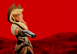 Size: 4093x2894 | Tagged: safe, artist:lovelyneckbeard, applejack, human, alternate universe, crossover, gun, humanized, john marston, looking down, red dead redemption, sawed off shotgun, shotgun, solo, weapon, western