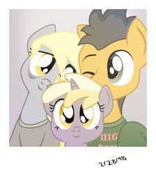 Size: 3170x3539 | Tagged: safe, artist:aaronmk, derpy hooves, dinky hooves, flash sentry, atg 2018, clothes, derpsentry, female, male, newbie artist training grounds, polaroid, shipping, straight, sweater, tired, vector