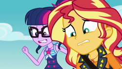 Size: 1920x1080 | Tagged: safe, screencap, sci-twi, sunset shimmer, twilight sparkle, better together, equestria girls, forgotten friendship, clothes, cringing, female, geode of empathy, geode of telekinesis, glasses, magical geodes, swimsuit