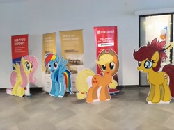 Size: 4032x3016 | Tagged: safe, derpibooru import, photographer:horsesplease, applejack, fluttershy, rainbow dash, oc, oc:rosa blossomheart, cardboard cutout, irl, malaysia, photo, the friendship express