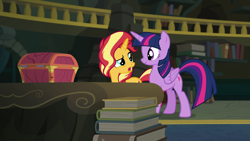 Size: 1920x1080 | Tagged: safe, screencap, sunset shimmer, twilight sparkle, twilight sparkle (alicorn), alicorn, better together, equestria girls, forgotten friendship, book