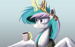 Size: 2500x1566 | Tagged: safe, artist:ncmares, princess celestia, alicorn, pony, ask majesty incarnate, chest fluff, coffee, coffee mug, ear fluff, female, fluffy, food, frazzled, frown, glare, gradient background, levitation, magic, mare, messy mane, mug, solo, spread wings, telekinesis, tired, wing fluff, wings