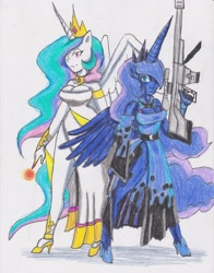 Size: 2550x3260 | Tagged: safe, artist:dp360, princess celestia, princess luna, anthro, clothes, dress, weapon