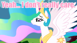 Size: 640x360 | Tagged: safe, screencap, princess celestia, alicorn, pony, female, image macro, mare, meme, pink text, reaction image, solo