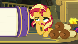 Size: 1920x1080 | Tagged: safe, screencap, sunset shimmer, pony, unicorn, better together, equestria girls, forgotten friendship, book, fireplace, hoof on cheek, scroll, solo