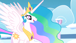 Size: 1366x768 | Tagged: safe, screencap, princess celestia, alicorn, pony, sonic rainboom (episode), jewelry, regalia, solo