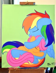 Size: 3813x4973 | Tagged: safe, derpibooru import, rainbow dash, scootaloo, pegasus, pony, acrylic painting, canvas, cuddling, hug, sisters, snuggling, traditional art