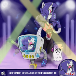 Size: 800x800 | Tagged: safe, artist:sanyo2100, rarity, sweetie belle, pony, robot, unicorn, fabulous, mettaton, mettaton ex, napstablook, news, raribot, rariton, undertale