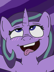 Size: 301x402 | Tagged: safe, artist:luyna, starlight glimmer, pony, unicorn, ahegao, armpits, blushing, female, looking up, mare, open mouth, purple background, simple background, smiling, solo, tongue out