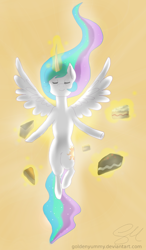 Size: 760x1300 | Tagged: safe, artist:goldenyummy, princess celestia, alicorn, pony, cake, cakelestia, ethereal mane, flying, food, solo, spread wings