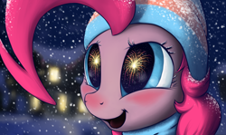 Size: 2350x1400 | Tagged: safe, artist:mrscroup, pinkie pie, earth pony, pony, fireworks, hat, snow, snowfall, solo