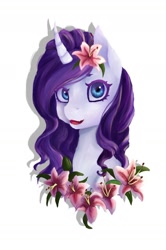 Size: 1118x1680 | Tagged: safe, artist:antropix, rarity, pony, unicorn, bust, flower, flower in hair, portrait, simple background, solo