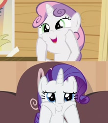 Size: 1920x2170 | Tagged: safe, screencap, rarity, sweetie belle, pony, unicorn, bloom and gloom, rarity takes manehattan, comparison, cute, food, marshmallow, rarara, raribetes, rarity is a marshmallow, runs in the family, squishy cheeks, sweetie belle is a marshmallow too