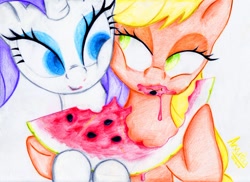 Size: 800x581 | Tagged: safe, artist:arxuicy, applejack, rarity, earth pony, pony, unicorn, female, lesbian, rarijack, shipping, traditional art, watermelon