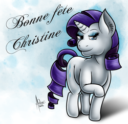 Size: 1475x1435 | Tagged: safe, artist:kukotte, rarity, pony, unicorn, birthday, french, solo