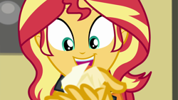 Size: 1920x1080 | Tagged: safe, screencap, sunset shimmer, better together, equestria girls, forgotten friendship, crumpled, happy, paper, smiling, solo