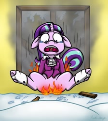 Size: 1145x1280 | Tagged: safe, artist:metalicumbridge, snowfall frost, starlight glimmer, pony, unicorn, abuse, burned, burned butt, butt fire, female, fire, literal butthurt, mare, pain, smoke, solo, teary eyes, wide eyes