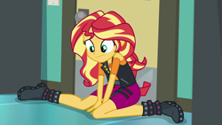 Size: 1920x1080 | Tagged: safe, screencap, sunset shimmer, better together, equestria girls, forgotten friendship, boots, female, sad, shoes, sitting, solo, sunsad shimmer