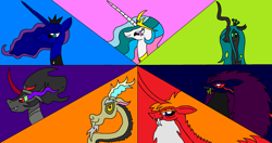 Size: 1024x540 | Tagged: safe, artist:killerbug2357, discord, king sombra, princess celestia, princess luna, queen chrysalis, alicorn, changeling, changeling queen, pony, unicorn, 1000 hours in ms paint, ms paint